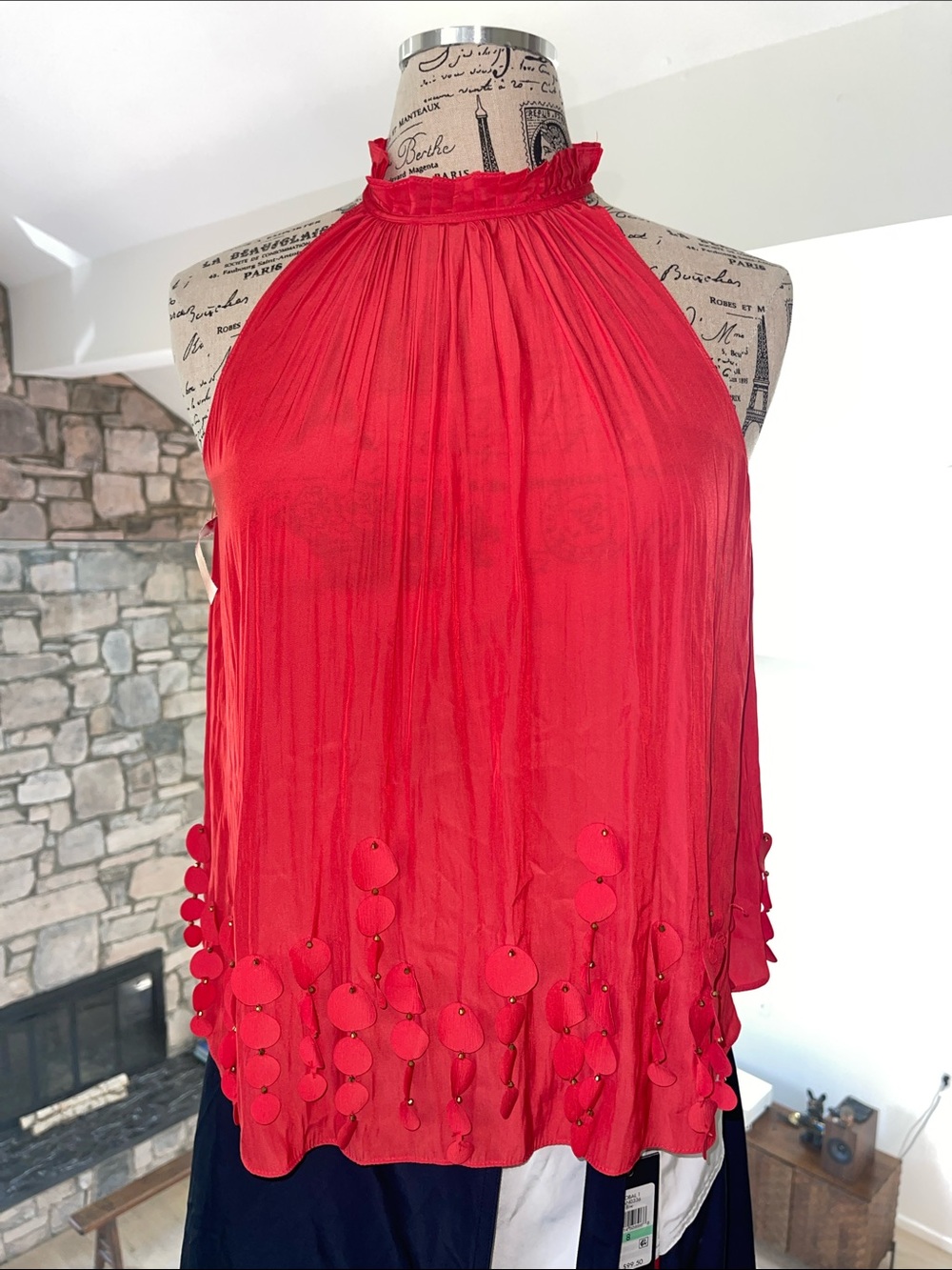 Ramy Brook Red Halter Camisole with Disc Fringe